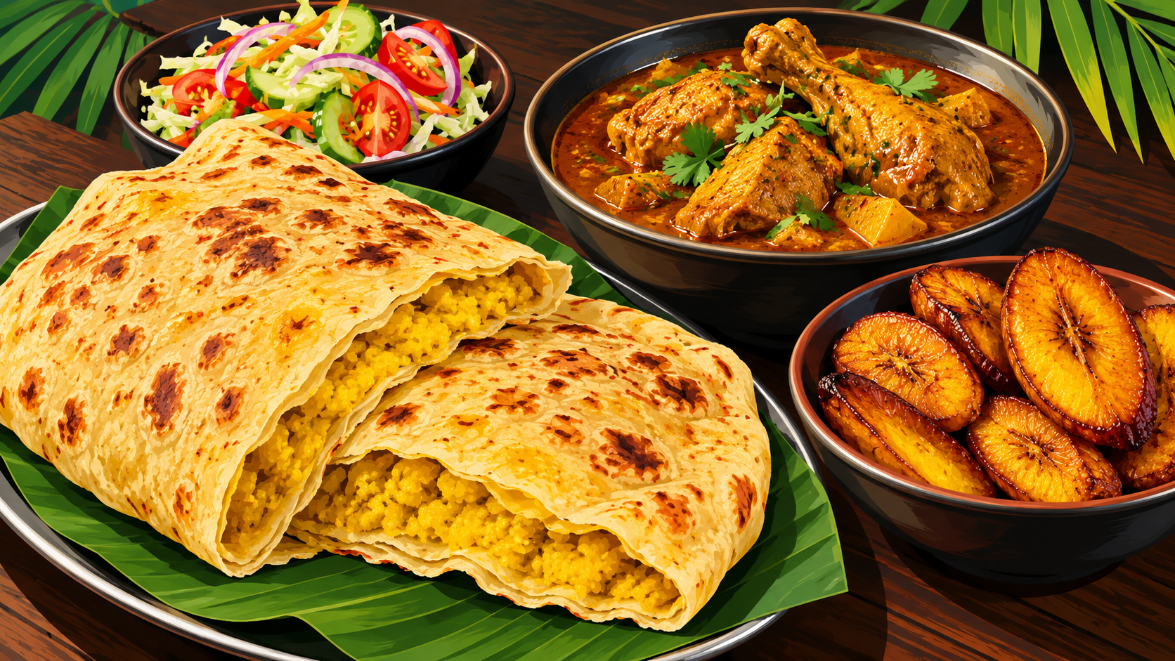 Illustrative art of split roti beside bowls of chicken curry, fried plantain, and salad on a takeout counter