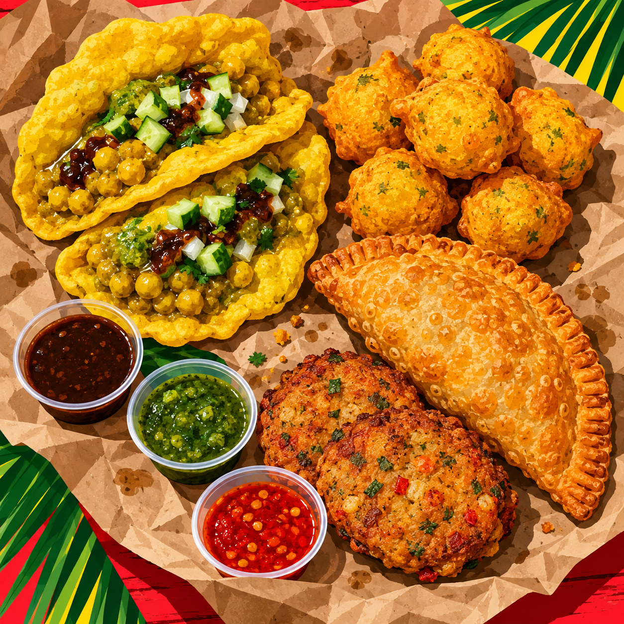 Illustrative overhead of doubles, pholourie, aloo pie, and fish cake on butcher paper